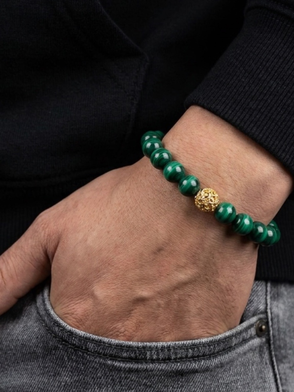 Altius Malachite & Gold Plated Ethiopian Bead Bracelet 10mm Handmade Stretch 7"